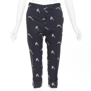 THOM BROWNE navy blue cotton yellow diver embroidery cropped chino pants US0 XS